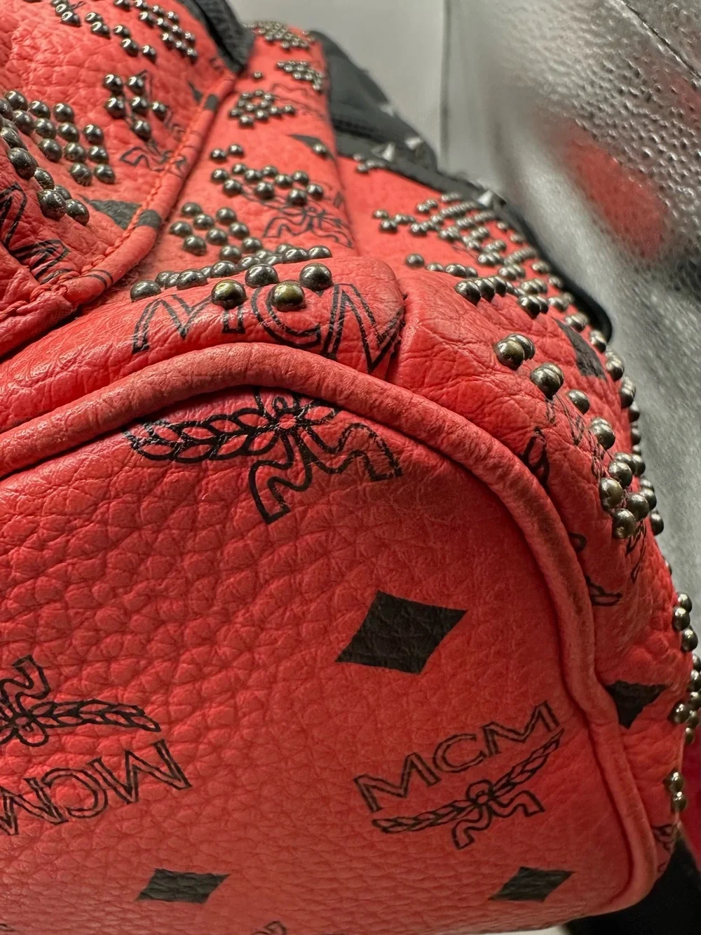 MCM Stark Red Leather Studded Backpack with Black Trim